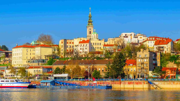 A view from river Sava to a beautiful city of Belgrade