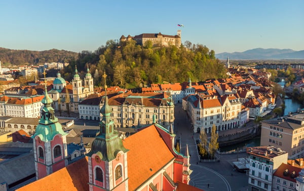 Aerial drone panoramic view of Ljubljana