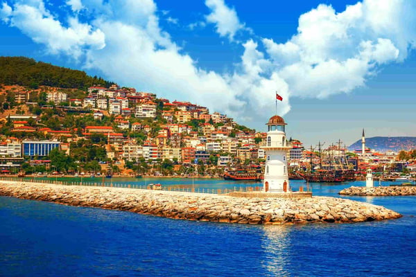 Alanya Turkey lighthouse on sea shore in bay