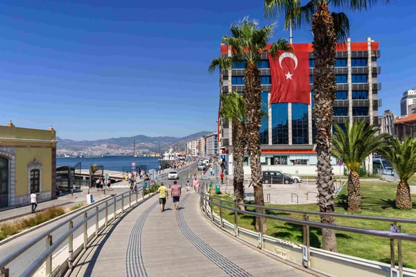 Coastal cityscape with walking people Izmir