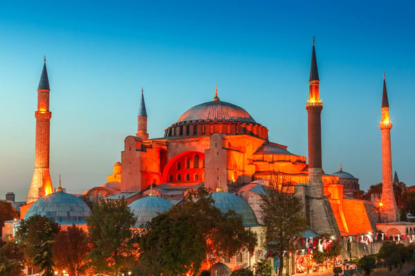 Hagia Sophia with lantern light on blue sky