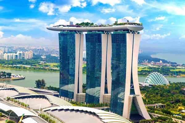 Panoramic aerial view of Marina Sands hotel in Singapore