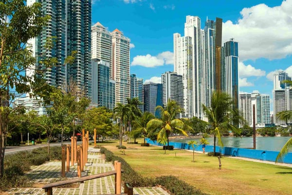 Public park and skyline at coast promenade in Panama City