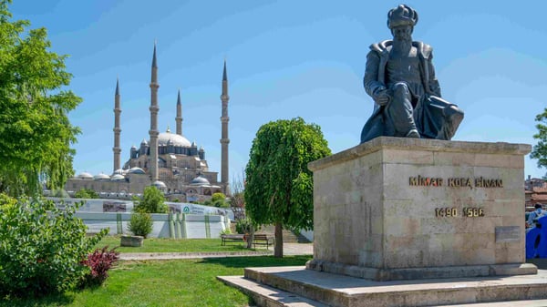 Selimiye Mosque and statue of its architect Mimar Sinan