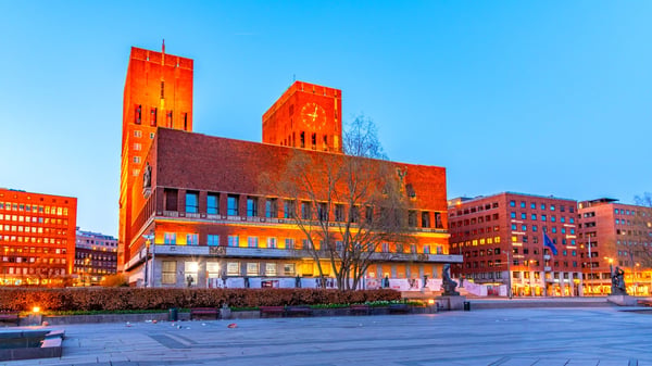 Sunset view of town hall in Oslo Norway