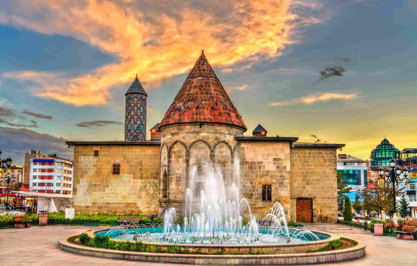 Yakutiye Medrese with a fountain in Erzurum