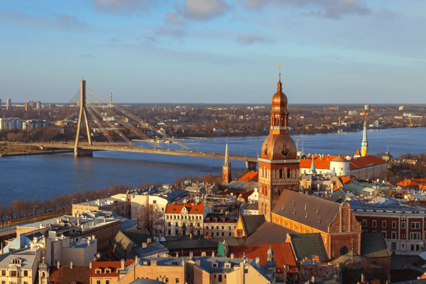 aerial simmer day view of old town and daugava river from st peter church with riga cathedral latvia