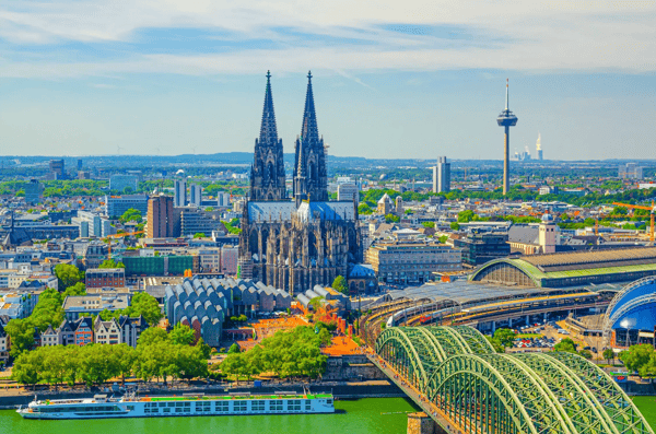 aerial view of cologne cityscape of historical city centre with cologne cathedral central railway