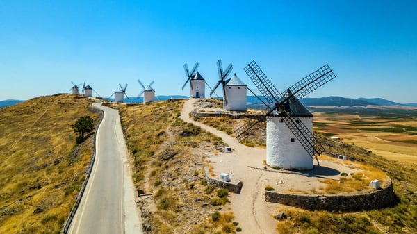 aerial view of don quixote windmills molino rucio consuegra in the center of spain 