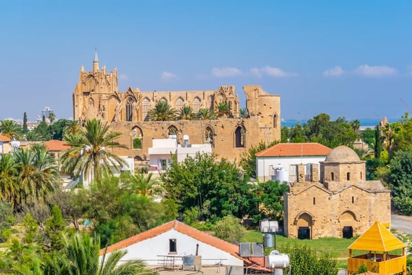 aerial view of famagusta dominated by lala mustafa pasa mosque and church of saint nicholas cyprus