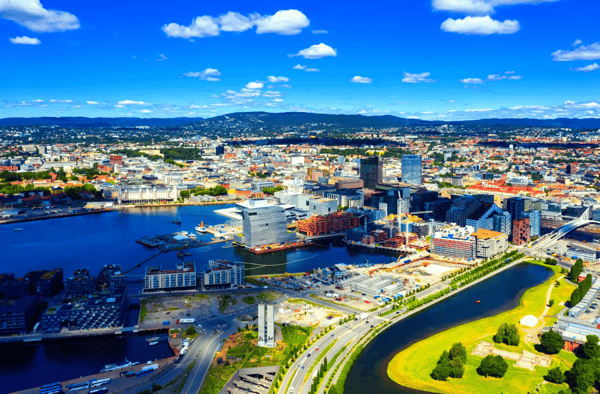 aerial view of sentrum area of oslo norway with barcode buildings and the river akerselva