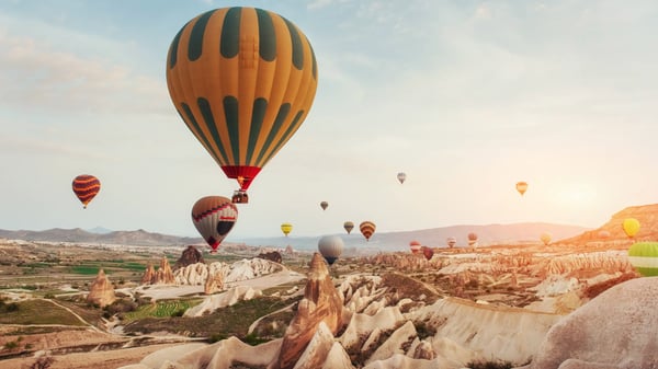 amazing sunset over cappadocia beautiful color balloons turkey
