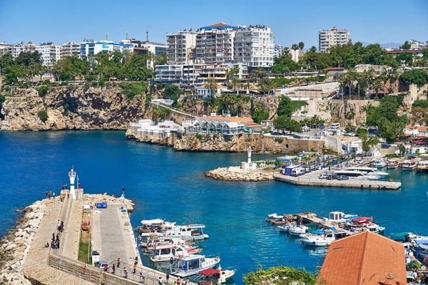 antalya turkey panoramic view on old marina most popular tourist place cozy cafes luxury 