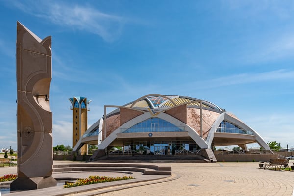 archaeological park ancient taraz folk ensemble of kazakhstan building with tower on a sunny blue