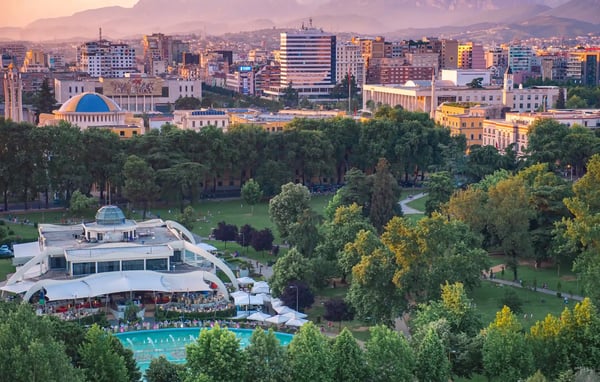 areal view of city center at sunset