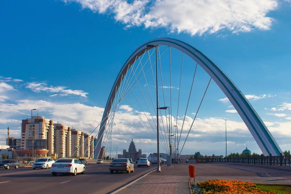 astana kazakhstan cityscape with road and modern bridge over the ishim river in the