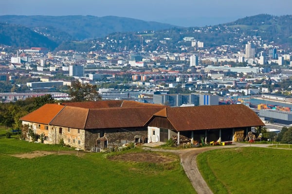 austria upper austria linz view of the city with farm