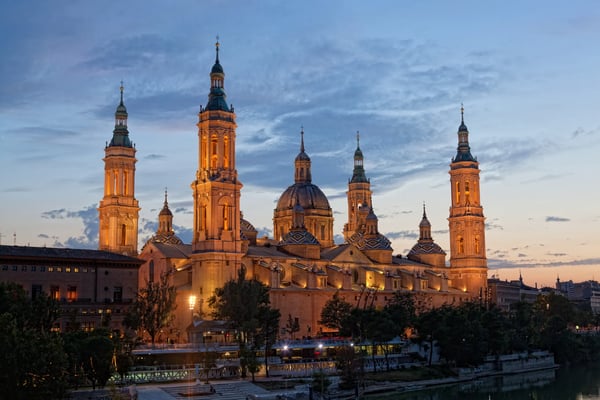 basilica del pilar in zaragoza in night illumination
