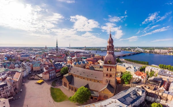 beautifull aerial panoramic view from drone in sunny summer day to histirical center riga and quay 