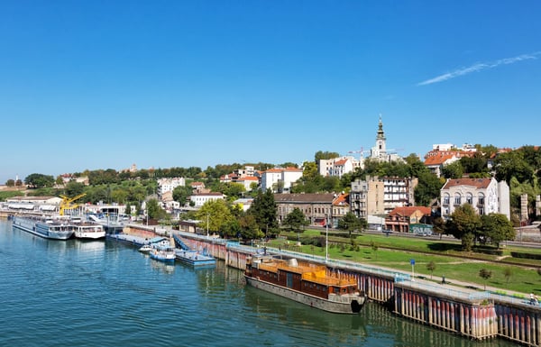 belgrade from river sava with riverboats on a sunny day serbia