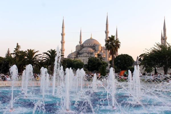 blue mosque with fountain in the front