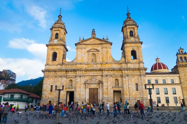 bolivar square church in a beautiful blue sky in bogota colombia latin america