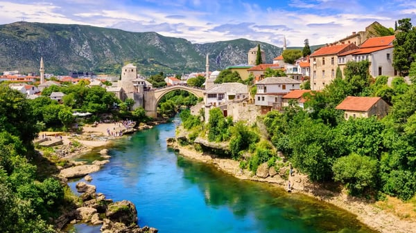 bosnia and herzegovina view of the stari most bridge neretva river and balkan mountains
