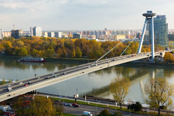 bratislava slovakia panorama of most snp longest cable stayed road bridge in autumn