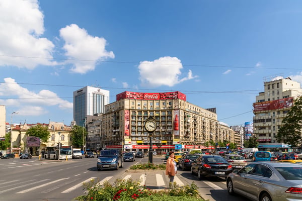 bucharest romania rush hour traffic in downtown roman square piata romana of bucharest 