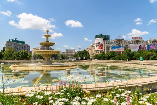 bucharest romania union square fountain and house of the people or parliament palace