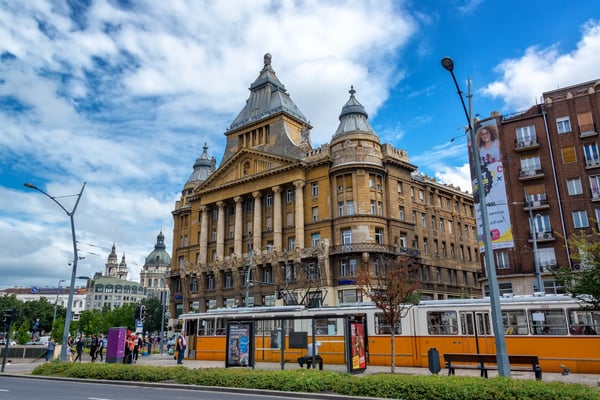 budapest hungary tram line passing in front of a historic building in budapest hungary on
