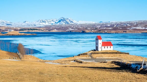 church on lake ulfljotsvatn known as ulfljotsvatnskirkja is landmark of southern of iceland