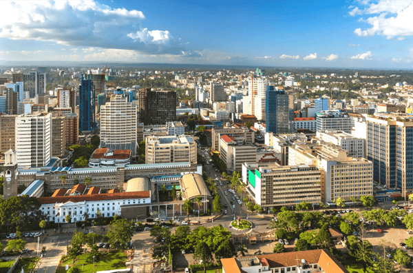 city hall and modern highrises and streets in the northern business district of nairobi kenya