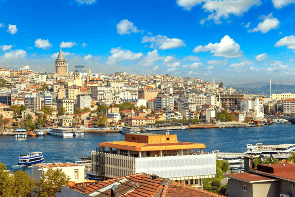 cityscape with galata tower and gulf of the golden horn in istanbul turkey in a beautiful summer day