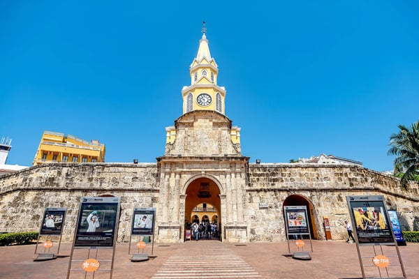 clock tower in the entrance of the old town cartagena colombia