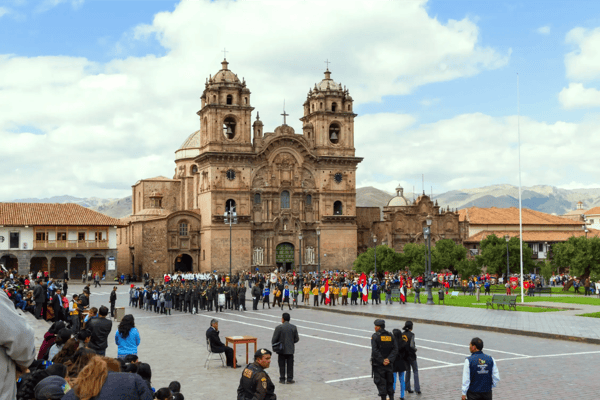 cusco peru children in uniform in a civic parade celebrating national independence