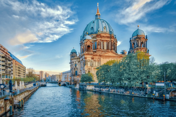 dramatic sky with berlin cathedral in berlin germany
