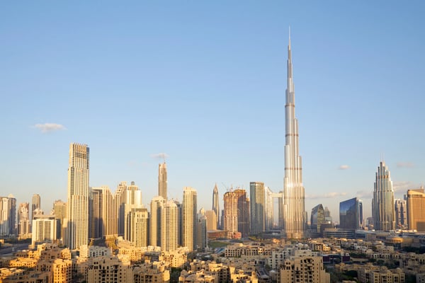dubai city skyline with burj khalifa skyscraper in a sunny day blue sky 