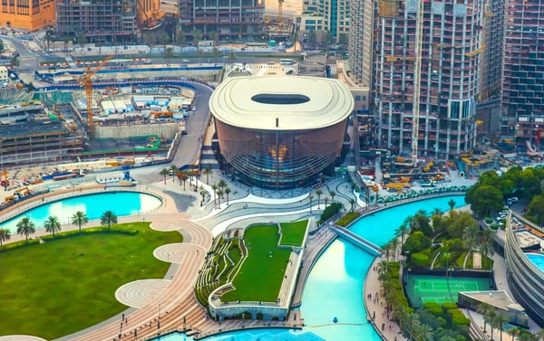 dubai united arab emirates dubai opera building and modern surroundings top view