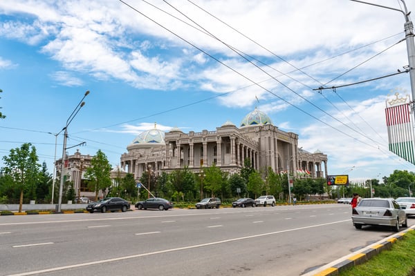 dushanbe navruz palace picturesque view from ismoil somoni avenue on a cloudy rainy day