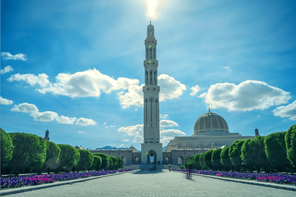 entrance on a sunny day to the muscat mosque oman