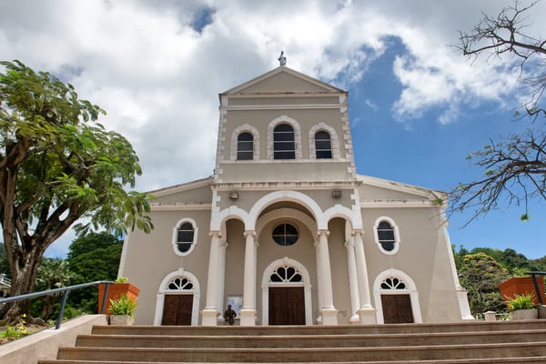 facade of architectural roman catholic cathedral of immaculate conception at victoria mahe island 