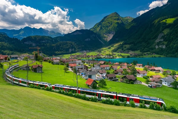 famous electric red tourist panoramic train in swiss village lungern canton of obwalden switzerland