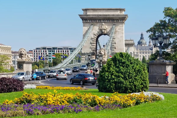 flower bed on the clark adam square on the buda side of the chain bridge budapest hungary 