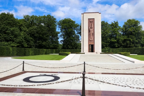 front of the chapel at the luxembourg american cemetery and memorial on a warm spring day