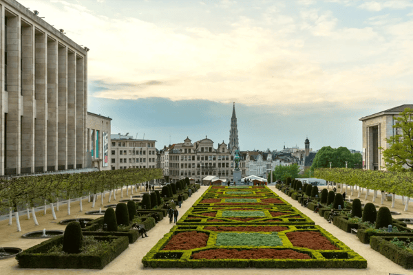gardens of mont des arts and belfry of town hall brussels belgium
