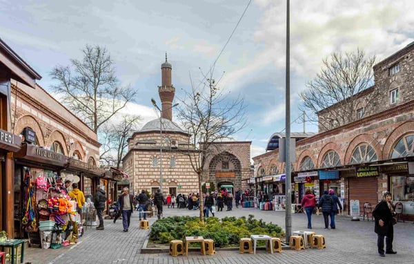 grand bazaar area and ivazpasa mosque in bursa city
