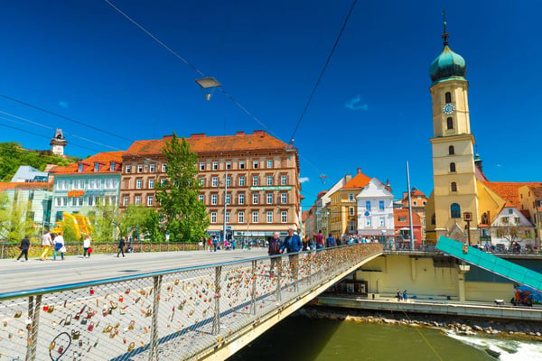 graz austria view of the old city center on sunny day franciscan church