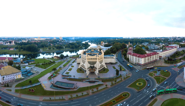 grodno belarus grodno regional drama theatre in sunset light aerial view 