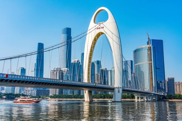 guangzhou china view of the famous liede bridge and downtown city buildings along the